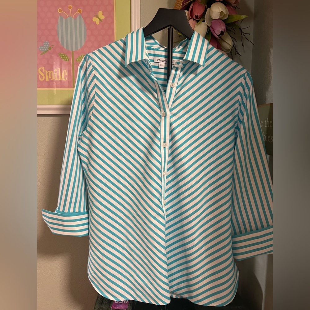 Chico's Teal and White Striped Collared Shirt 3/4 Sleeves #038